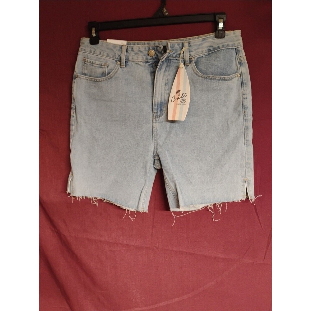 Cali 1850 Womens Midi Denim Shorts Size 13 Blue Hi Rise Frayed Angel Embroidery